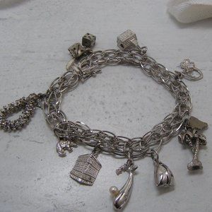 Vintage Sterling Silver Charm Bracelet Hawaii Lei Fortune Cookie Whale Church